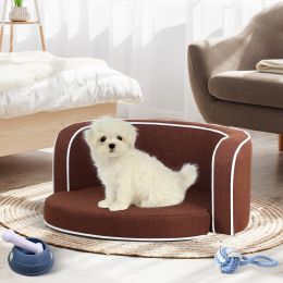 30" Brown Round Pet Sofa; Dog sofa; Dog bed; Cat Bed; Cat Sofa; with Wooden Structure and Linen Goods White Roller Lines on the Edges Curved Appearanc