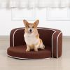 30" Brown Round Pet Sofa; Dog sofa; Dog bed; Cat Bed; Cat Sofa; with Wooden Structure and Linen Goods White Roller Lines on the Edges Curved Appearanc