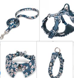 Fashion Personality Dog Collar Bow Tie (Option: Floral Blue four piece set-XS)