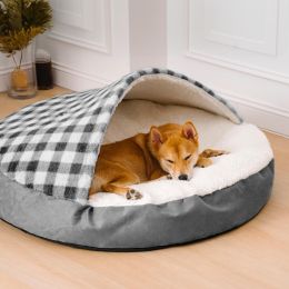 Plush Dog Nest Cat Bed Plush Dog Universal (Option: Grayish White Plaid-S)