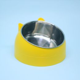 Stainless Steel Dog Bowl Double Bowl Cervical Protection Oblique Mouth Hot Pet Food Basin Supplies (Option: yellow-400ml)