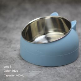 Stainless Steel Dog Bowl Double Bowl Cervical Protection Oblique Mouth Hot Pet Food Basin Supplies (Option: Nordic Blue-400ml)