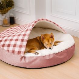 Plush Dog Nest Cat Bed Plush Dog Universal (Option: Pink And White Plaids-S)