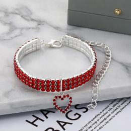 Three-row Stretch Pet Rhinestone Necklace Cat Dog Collar (Option: Red-M)