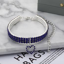 Three-row Stretch Pet Rhinestone Necklace Cat Dog Collar (Option: Blue-M)