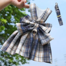 Pet Plaid Skirt Chest Strap Hand Holding Rope (Option: 273 Navy Blue-S)