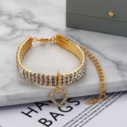 Three-row Stretch Pet Rhinestone Necklace Cat Dog Collar (Option: Gold-M)