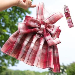 Pet Plaid Skirt Chest Strap Hand Holding Rope (Option: 273 Wine Red-XS)