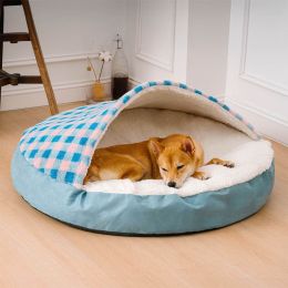 Plush Dog Nest Cat Bed Plush Dog Universal (Option: Blue And White Plaid-S)