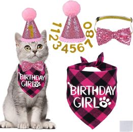 Pet Birthday Plaid Mouth Catty Scarf Glitter Hat Sequined Bow Tie Suit Number Birthday Arrangement (Option: Rose Red)