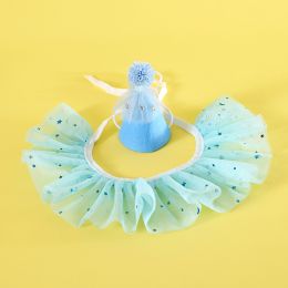 Pet Sequin Lace Bib Rhinestone Gauze Skirt Felt Hat (Option: Rhinestone Blue Set)