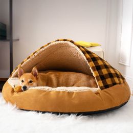 Plush Dog Nest Cat Bed Plush Dog Universal (Option: Brown Plaid-S)