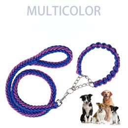 Eight-strand nylon braided dog collar leash dog chain impact blasting chain pet leash (Specification (L * W): XL, colour: Red and blue)