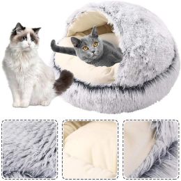 New Style Pet Cat Bed Dog Bed Round Plush Warm Cat's House Soft Long Plush Best Pet Bed Dogs For Cats Nest 2 In 1 Cat Accessorie (Color: grey, size: 50cm)