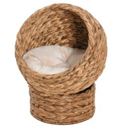 Simple Yet Practical Natural Braided Banana Leaf Elevated Cat Bed Basket With Cushion (Color: Brown, size: 20.5" H)