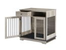 Dog crates;  indoor pet crate end tables;  decorative wooden kennels with removable trays.