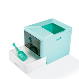 Large Drawer Type Fully Enclosed Cat Litter Basin (Color: Blue)