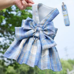 Pet Plaid Skirt Chest Strap Hand Holding Rope (Option: 273 Sky Blue-M)