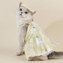 Spring And Summer Dog Clothes Cat Clothing Pet Cotton Floral Slip Dress Mesh Skirt Dress (Option: Yellow Cherry Sling-S)