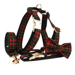 Christmas Pet Collar Plaid With Green Background Dog Rope Leash Suit (Option: Set Of Four-S)